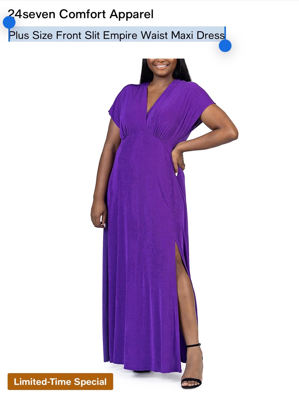 24seven Plus Size Front Slit Empire Waist Maxi Dress